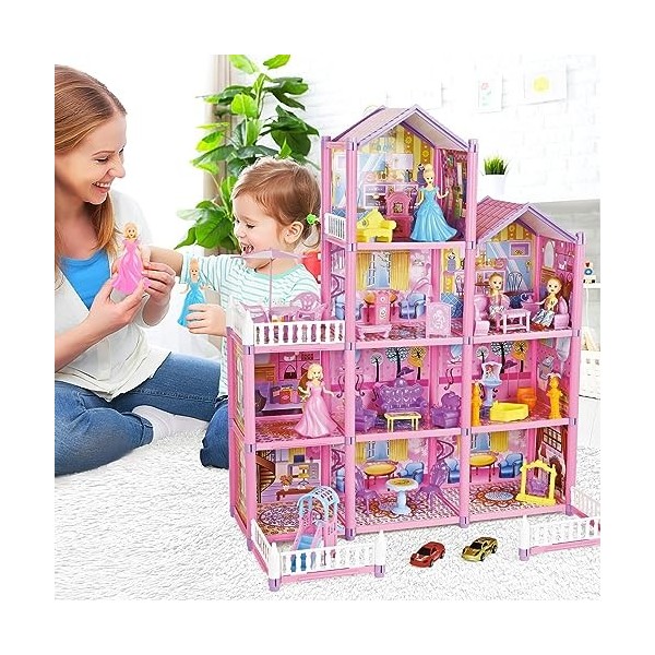 deAO Kit de Princesse Maison de poupée - 4 étages, 9 Chambres, Jouet DIY de Rêve, Jeu de Construction avec poupée, Meubles et