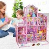 deAO Kit de Princesse Maison de poupée - 4 étages, 9 Chambres, Jouet DIY de Rêve, Jeu de Construction avec poupée, Meubles et