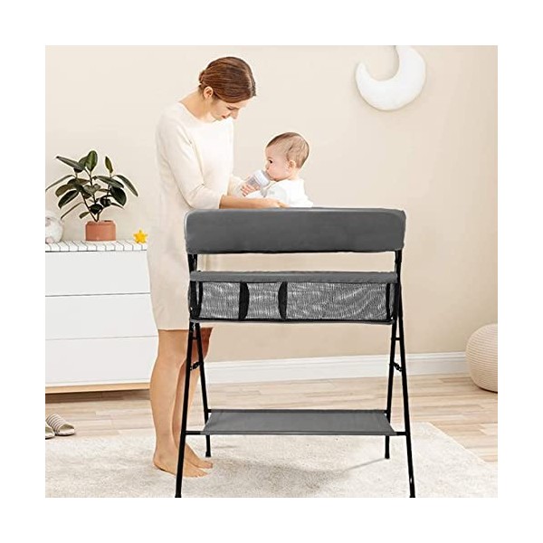 Table à langer pliable avec paniers et matelas à langer pour bébé - avec roues,Table à langer pliante portable avec étagère d