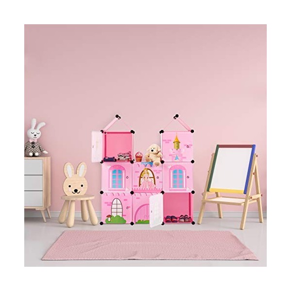 Relaxdays Étagère en plastique pour chambre denfant avec portes Rose 128 x 110 x 37 cm