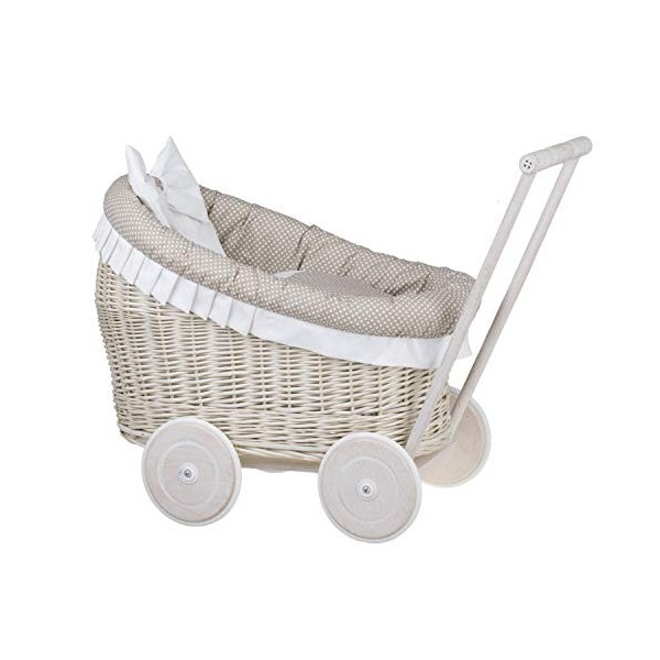 Poussette, Landau pour poupée,nacelle pour Jouets, poignée et Roues en Bois Blanc, Beige 