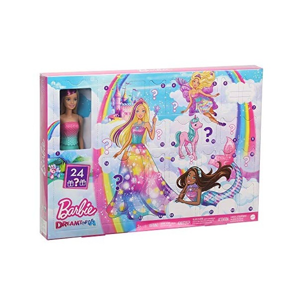 Barbie Calendrier de lAvent Dreamtopia fourni avec poupée blonde en maillot de bain dégradé et 24 accessoires surprises, jou