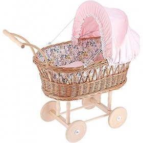 Petitcollin- Landeau Printemps-Jouet en Osier et Tissu-Confort et Elégance pour Poupée pour Les Enfants-Rose et Motifs Fleurs