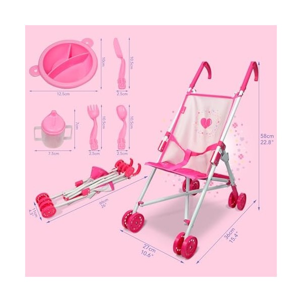 Anivia Poussette de Poupée, Poussette de Poupée pour Filles de 2 Ans, Poussette de Poupée, Jouets de Poussette avec Ustensile