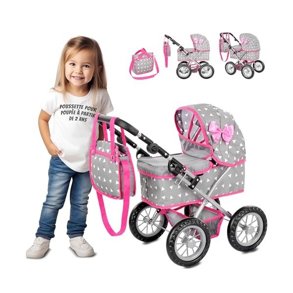 Kinderplay Poussette Poupee, Poussette Jouet - Poussette Landeau Bebe pour Poupée, Gondola, Poignée Hauteur Entre 33 et 63 cm