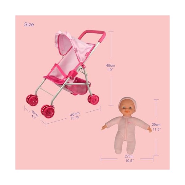 ANIVIA Landau pour Poupées, Poussette pour Poupées avec Ombrelle pour Poupées, y Compris Mini-Poupée de 25 cm - Rose