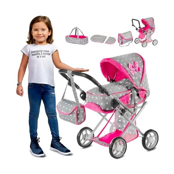 Kinderplay Poussette Poupee, Poussette Jouet - Poignée de la Poussette Entre 36.5 et 64 cm, avec Prise Souple, 3en1, KP0200S