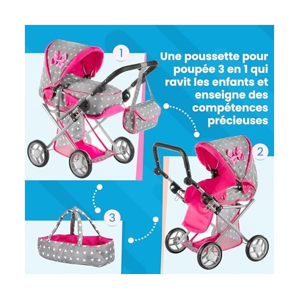 Kinderplay Poussette Poupee, Poussette Jouet - Poignée de la Poussette Entre 36.5 et 64 cm, avec Prise Souple, 3en1, KP0200S