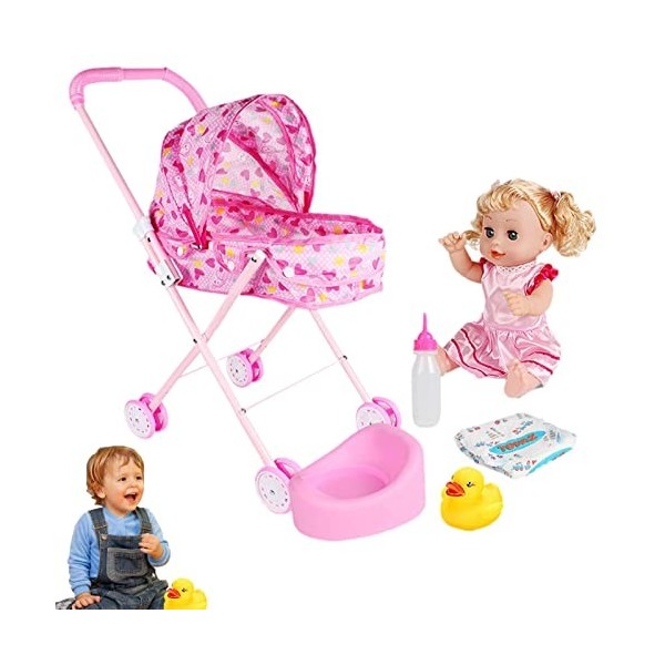 Poupée pour Enfant, 48×27×53cm Landau Poupées, Jouet Jeu Rôle, Poupée Pliable, Poussette Landeau Bebe pour Poupée, Poussette