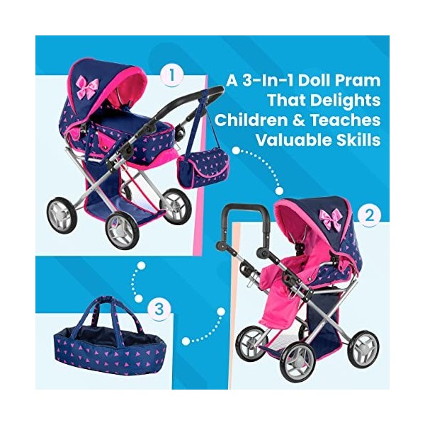 Kinderplay Poussette Poupee, Poussette Jouet - Poignée de la Poussette Entre 36.5 et 64 cm, avec Prise Souple, 3en1, KP0200T