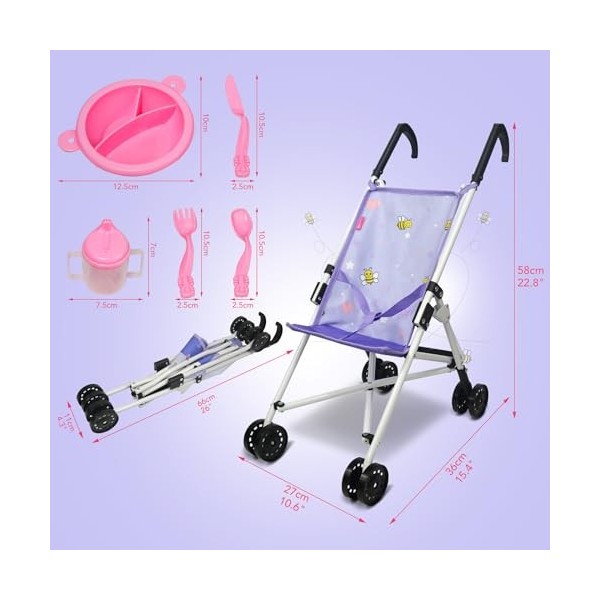 Anivia Poussette de Poupée, Poussette de Poupée pour Filles de 2 Ans, Poussette de Poupée, Jouets de Poussette avec Ustensile