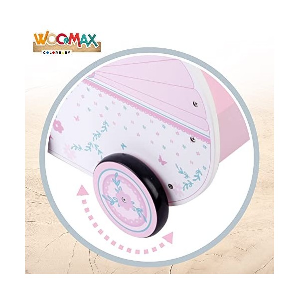 WOOMAX WOOMAX-46475 Chariot en Bois, 26,5 x 39 x 46 cm, Blanc, avec roulettes, 30 à 40, bébé Jouets 3 Ans, poussettes pour po