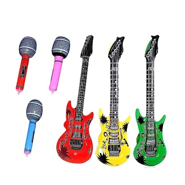 Guitare gonflable, 6 instruments gonflables, guitare gonflable colorée,  microphones, 3 guitares gonflables, 3 microphones, s