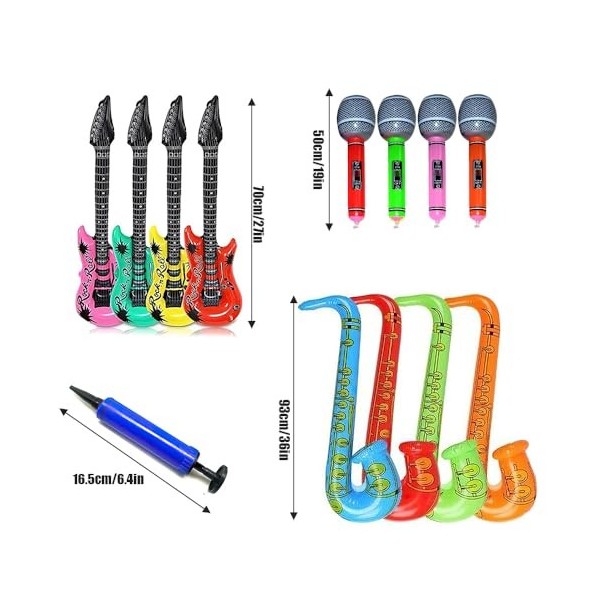 Hojalis Instruments Musique Gonflable, 4 Guitares 4 Microphones 4 Saxophone, Guitare Gonflables Colorés avec Pompe à Air, Roc