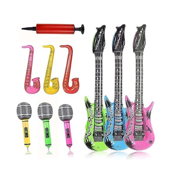 Lot de 10 instruments gonflables, guitare gonflable colorée, guitare gonflable, microphones, guitare gonflable, guitares gonf