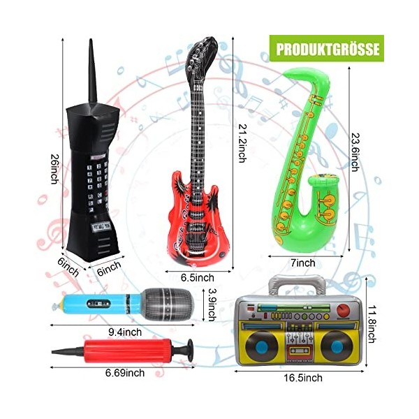 JEFFOUOO Lot de 8 accessoires gonflables pour fête - Guitare gonflable - Saxophone - Microphone gonflable pour téléphone port