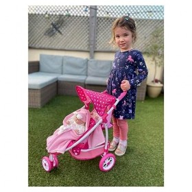 Roma Dotty Tandem Twin Double Dolls Pram - Pink Polka