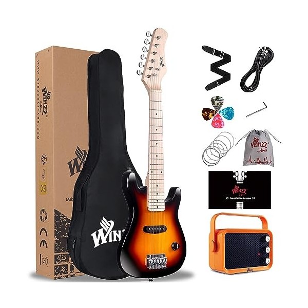 Winzz Mini guitare électrique 30 pouces pour enfants avec touche en érable pour débutants avec amplificateur Sunburst 