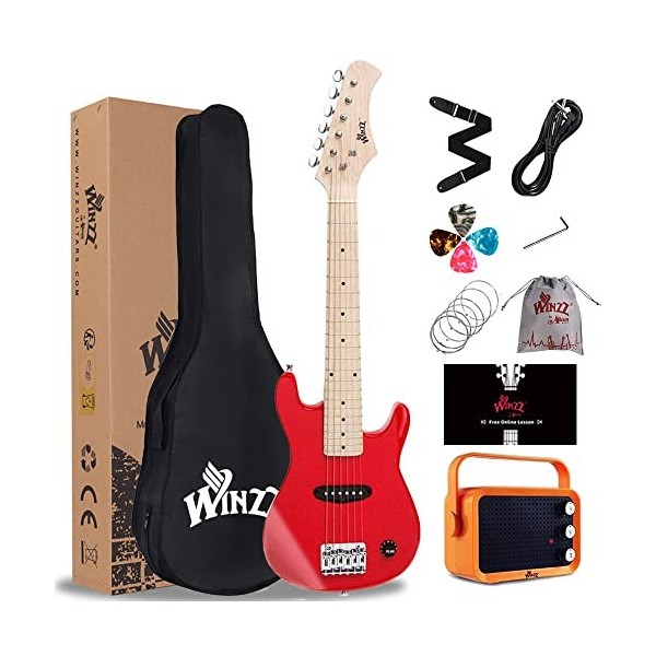 Winzz Mini guitare électrique 30 pouces pour enfants avec touche en érable pour débutants avec amplificateur Sunburst 