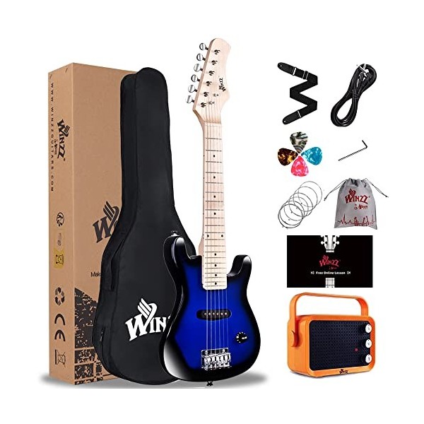 Winzz Mini guitare électrique 30 pouces pour enfants avec touche en érable pour débutants avec amplificateur Sunburst 