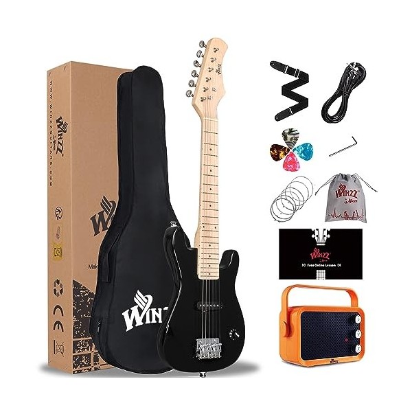 Winzz Mini guitare électrique 30 pouces pour enfants avec touche en érable pour débutants avec amplificateur Sunburst 