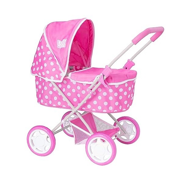 Dolly Tots Poussette pour bébé | Imprimé Pois Roses et Blancs | Système de Voyage pour Enfants avec Capuche réglable et Range