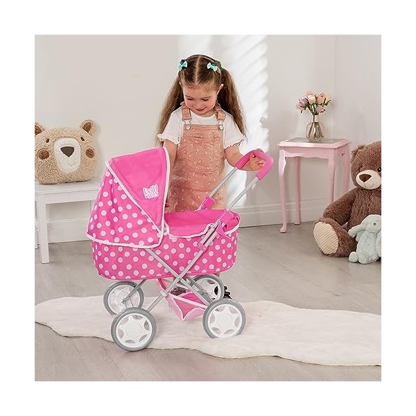 Dolly Tots Poussette pour bébé | Imprimé Pois Roses et Blancs | Système de Voyage pour Enfants avec Capuche réglable et Range