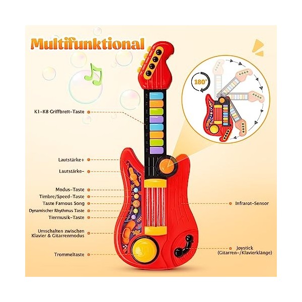 SNADER Jouet de guitare et piano pour enfant - Jouet de guitare 2 en 1 - Jouet multifonction - Jouet éducatif avec chansons -