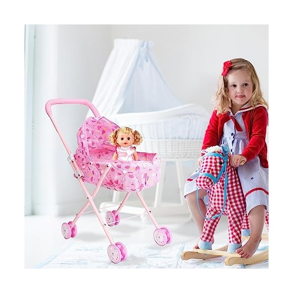 Poussette pour | Poussette Pliable et légère en Rose avec Panier | Poussette pour Enfants Qui stimulent limagination et la V