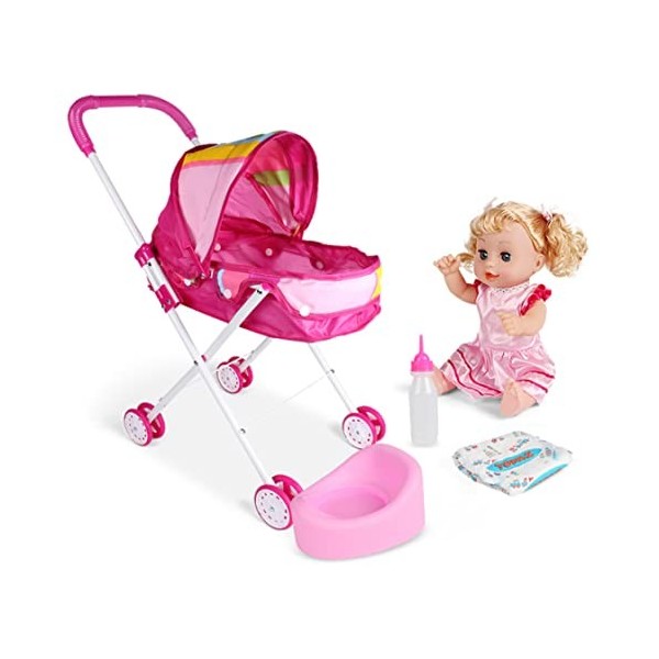 Baby Doll Polller Pliable Pram Gift Set avec bébé Doll Cartoon Printing Design Baby Baby with Gift for Dolls 4pcs Heart Car 