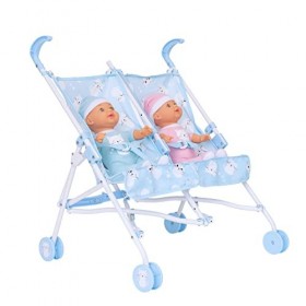 BabyBoo Poussette double chaton avec poupée rose et bleue | Poupée jouet double en bleu avec chats | Poussette parapluie plia