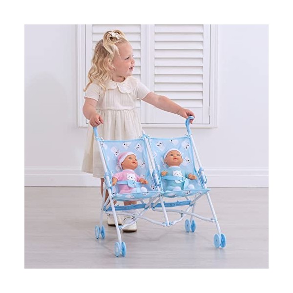 BabyBoo Poussette double chaton avec poupée rose et bleue | Poupée jouet double en bleu avec chats | Poussette parapluie plia