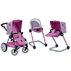 iCoo Lot pour Poupées 3 pièces - Inclus Poussette pour Poupon, Chaise Haute Poupée et Berceau pour Poupée - Rose et Gris
