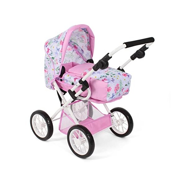 Bayer Chic 2000 - Poussette pour poupée Leni, 2 en 1 avec Sac de Transport Amovible, Fleurs, Rose, Violet, 560-53