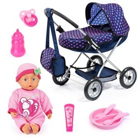 Bayer Design 12554AB Poussette de poupée Mega Set avec poupée First Words Baby et Accessoires, Bleu avec Petits cœurs Roses