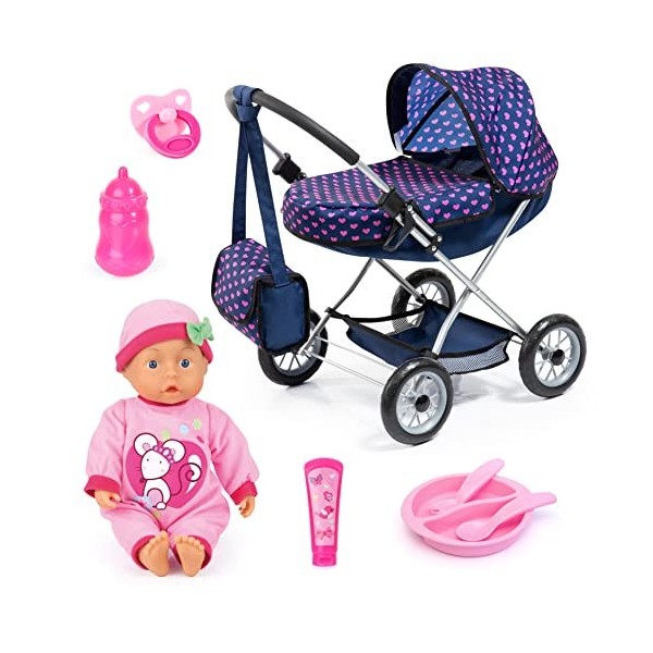 Bayer Design 12554AB Poussette de poupée Mega Set avec poupée First Words Baby et Accessoires, Bleu avec Petits cœurs Roses