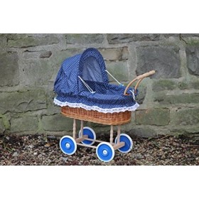 Bukora ® Poussette pour poupée en osier avec pois bleus et poignée en bois