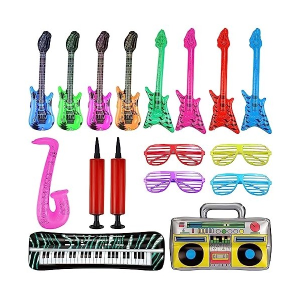 17 Pièces Gonflables Instruments Colorés Guitare Gonflable Saxophone Piano Gonflable Basse Gonflable Lunettes Radio Gonflable