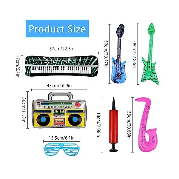 17 Pièces Gonflables Instruments Colorés Guitare Gonflable Saxophone Piano Gonflable Basse Gonflable Lunettes Radio Gonflable