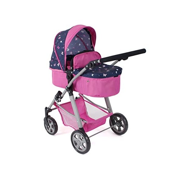 Bayer Chic 2000 - Landau pour poupée Nele, Landau combiné 2 en 1 pour Enfants de 4 à 8 Ans, Papillon, Bleu Marine/Rose, 568-3