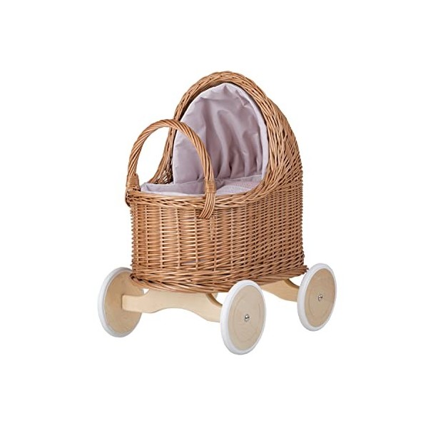 Grand Landau-Poussette pour poupée en Osier Naturel avec Les Roues en Bois et Joli Tissu Rose