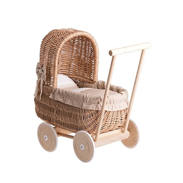 Landau-Poussette pour poupée en Osier et Roues en Bois avec Tissu Rose et Blanc Naturel_Beige 