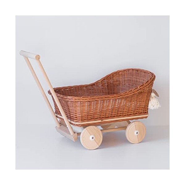 Chariot en osier - En osier et bois - Pour poupées - Pour filles et garçons - Avec literie tressée - Cadeau - Jouet - Pousset