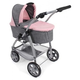 Combi 3 en 1 pour Poupee et Poupon : Poussette Landau Cosy - Rose/Gris - poignee réglable 55 à 82 cm