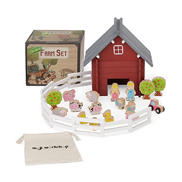 moji workshop Jouets de ferme en bois – Ensemble de ferme en bois de qualité pour enfants avec animaux en bois, jouets de fer