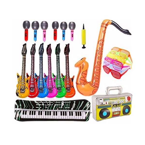 Lot de 22 jouets gonflables Rock Star Toy pour fête props-1 piano de clavier, 6 guitares gonflables, 6 microphones, 6 verres 