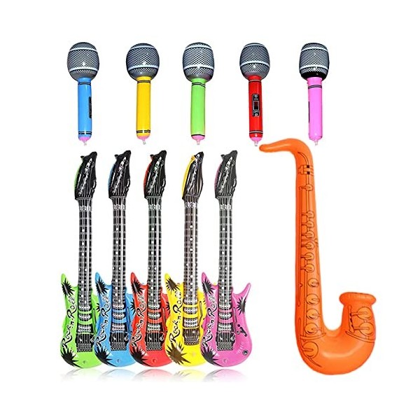 11 Accessoires Musique Gonflables, 5 Guitares Gonflables, 5 Micros Gonflables, 1 Saxophone Gonflable Enfants Ornement Karaoké