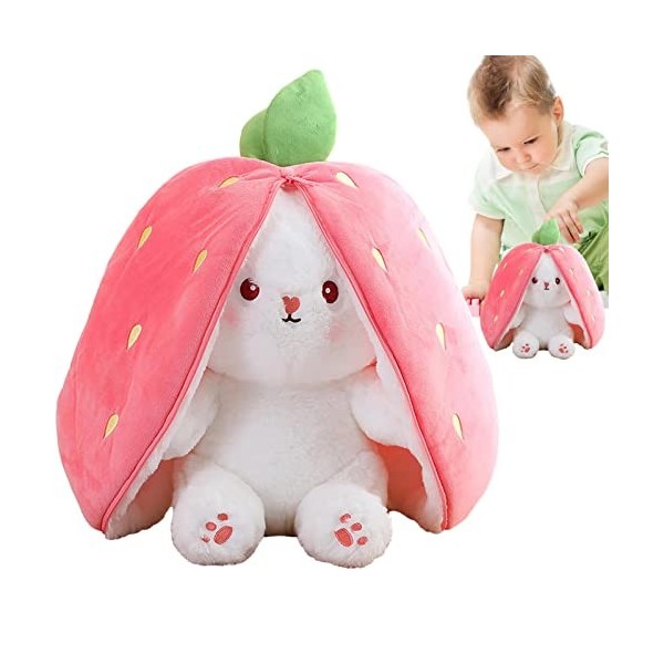 Xiaoxin Cache-Cache Lapins dans Une Pochette en Carotte, Oreiller en Peluche Carotte Fraise Lapin, Pâques en Peluche, Peluche