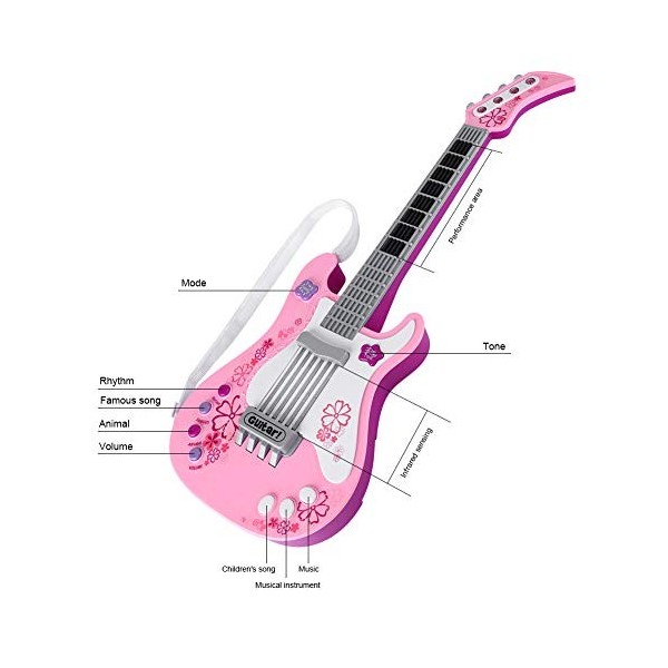 VGEBY1 Jouet Guitare, Jouet Multi-Fonctionnel pour Guitare Basse avec Lumière pour Bébé Rose 