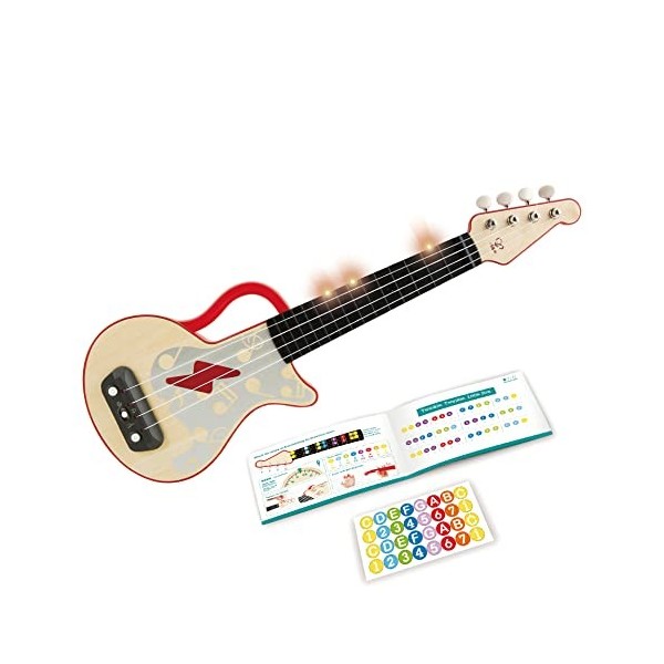 Hape Instrument de Musique en Bois - Ukulélé Électrique avec Apprentissage Interactif Rouge - Jouet dÉveil Musical - Petite 